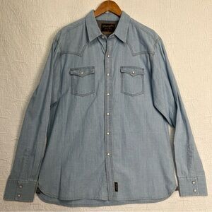 Wrangler Retro Western Denim Shirt Mens XL Pearl Snap Blue Stripes Yoke Pockets